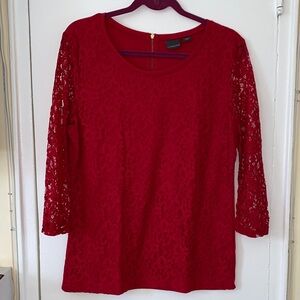 Covington Red Lace Blouse  Stretchy Three Quarter Sleeve Elegant Top Size Large